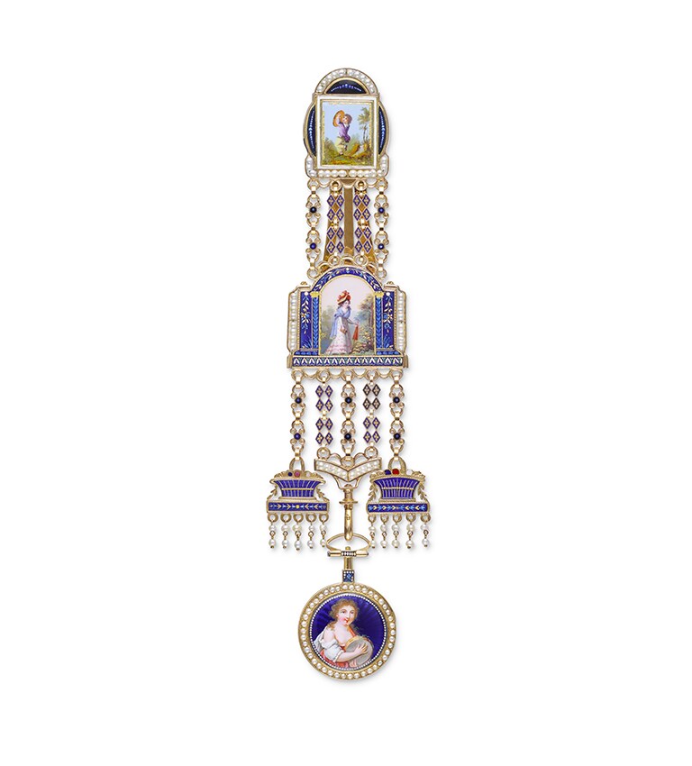 Enamelled watch on chatelaine